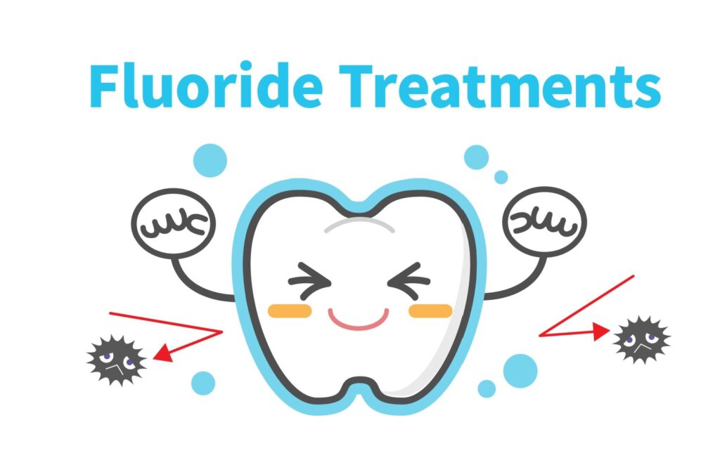 Cartoon illustration of a smiling tooth with arms fighting off bacteria, representing the benefits of fluoride treatments.